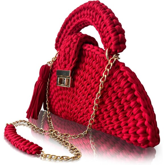 Women's Evening Clutch Handmade Crochet Small Formal Flap Red Crossbody Bag - Picture 3 of 6